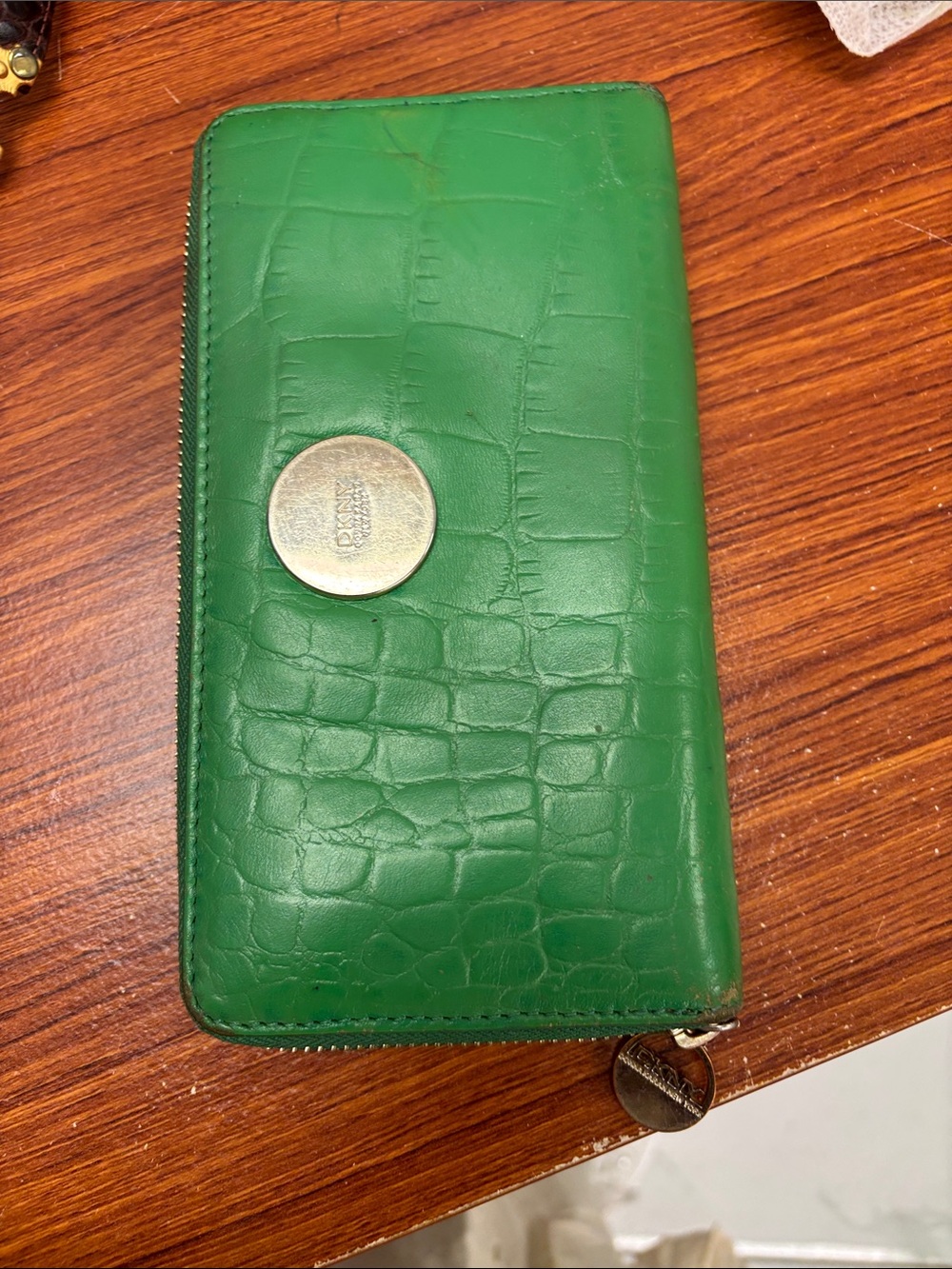 DKNY Green Croc-Embossed Zip Wallet with Gold Accent